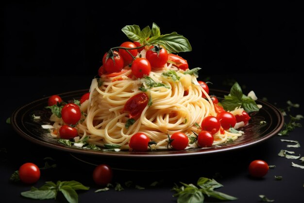 Foto espaguete com tomates cereja com ervas em um prato de comida