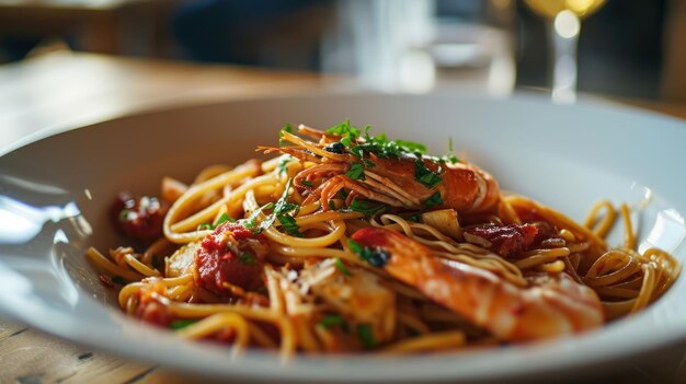 Espaguete de frutos do mar contra um interior moderno de restaurante de frutos do Mar