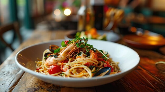 Espaguete de frutos do mar contra um interior moderno de restaurante de frutos do Mar