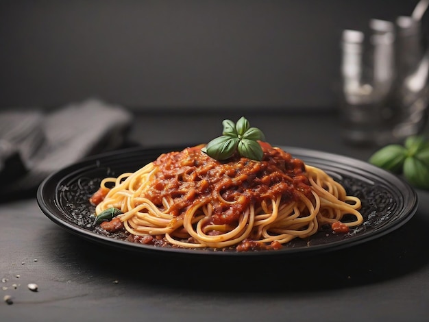 Espaguete de pasta com molho de tomate e queijo servido no prato