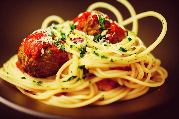 Espaguete dourado e almôndegas com molho de tomate e ervas no prato