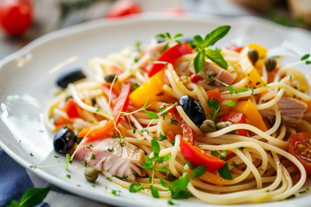 Espaguete italiano com filete de atum e vegetais em prato branco de restaurante Pasta de peixe com frutos do mar enlatados