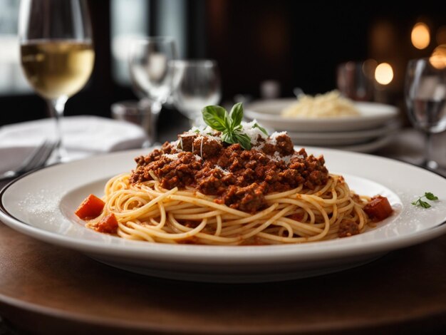 Espaguete italiano de carne bovina, massa bolognese com manjericão, fotografia cinematográfica de comida