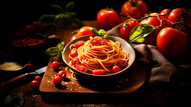 Foto espaguete mergulhado em molho de tomate em um fundo de madeira gerado por ia