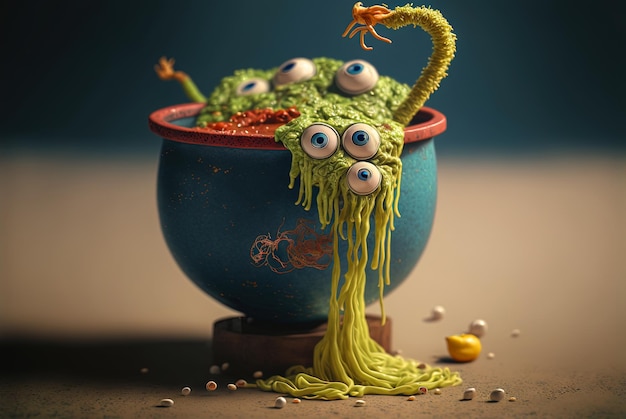 Espaguete monstro engraçado Macarrão fofo ou personagem ramen com cara engraçada e maluca Gerado AI