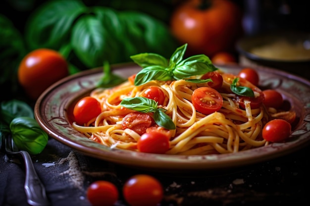 Espaguete saboroso com tomates e folhas de manjericão no prato IA geradora