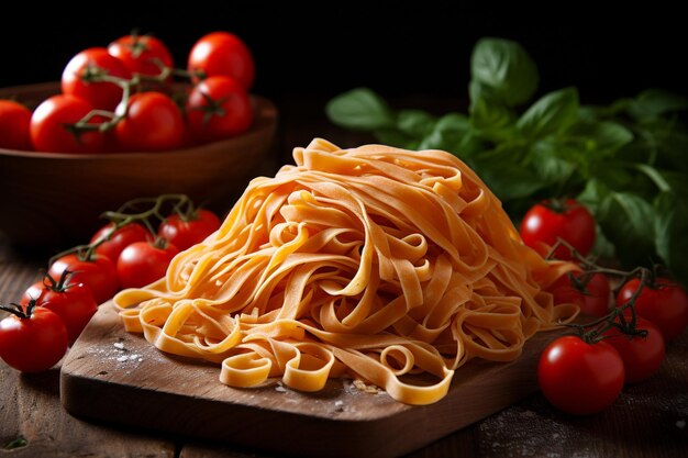 Foto espaguetes e tomates de fettuccine farfalle não cozidos