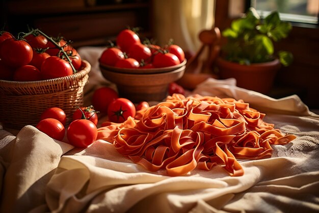 Foto espaguetes e tomates de fettuccine farfalle não cozidos