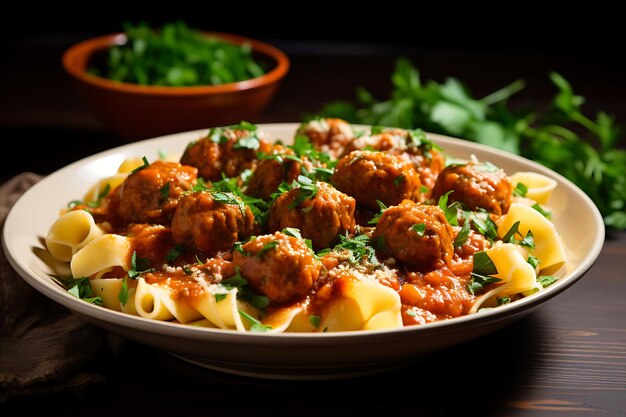 Foto espagueti con albóndigas y perejil en un plato blanco