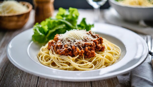 espagueti bolognese cubierto de parmesán rallado servido junto a una vibrante ensalada verde en un rústico