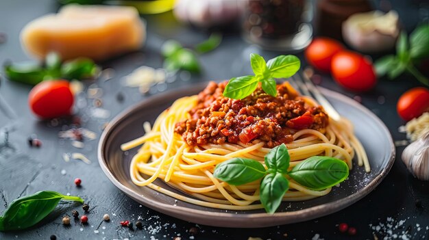 Espagueti bolognese italiano con albahaca fresca y tomates