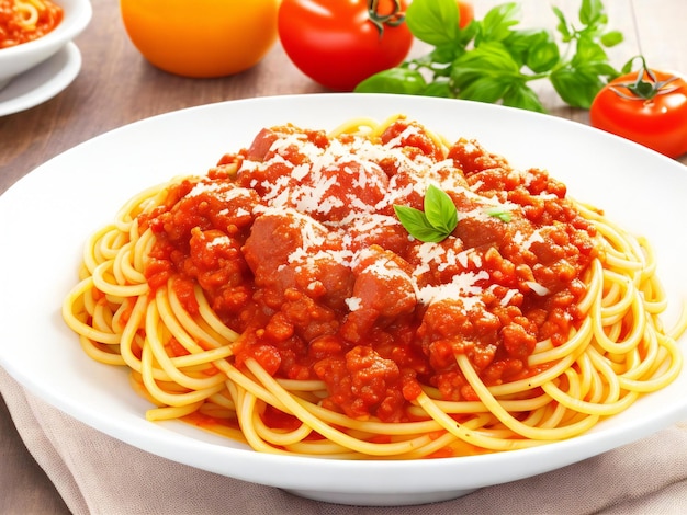 Espagueti bolognese italiano con salsa de tomate y carne