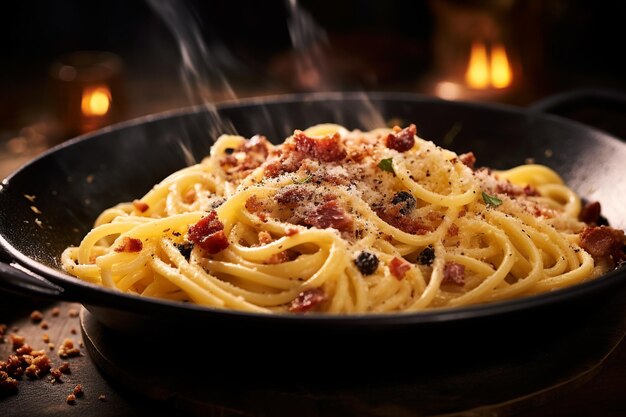 Espagueti Carbonara en una mesa antigua con la silueta del Coliseo bajo un cielo romano azul