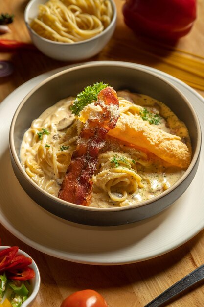 Espagueti carbonara con tocino