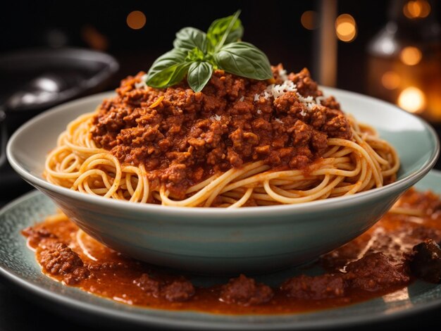 Espagueti italiano de carne de res bolognese pasta en la parte superior con albahaca fotografía cinematográfica de comida