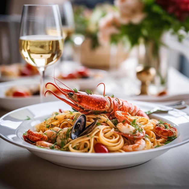 Espagueti de marisco tradicional italiano Pasta de marisco hecha de espagueti con marisco mixtoaceite de olivaajosvino blancotomates cherryperejil y pimientos en un plato blanco con una copa de vino