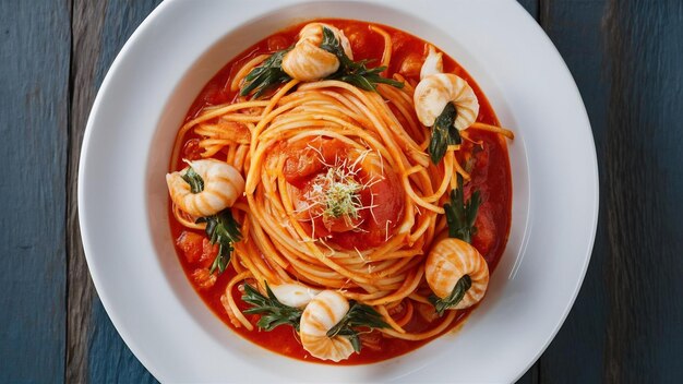 Espagueti de mariscos con salsa de tomate decorado con hermosos ingredientes