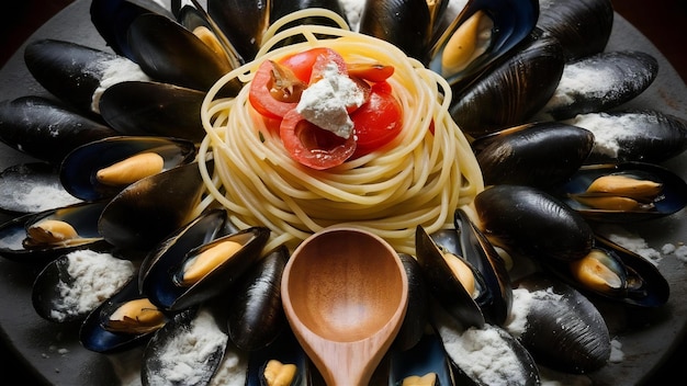 Foto espagueti y mejillón en un plato con pasta cruda harina de tomate setas cuchara de madera