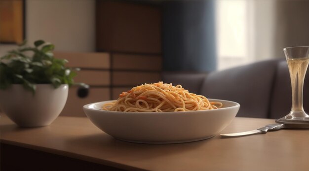 Foto un espagueti en la mesa en la sala de estar en un tono de color cálido ia generativa