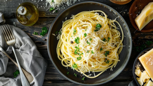 Espagueti de pasta con queso y salsa