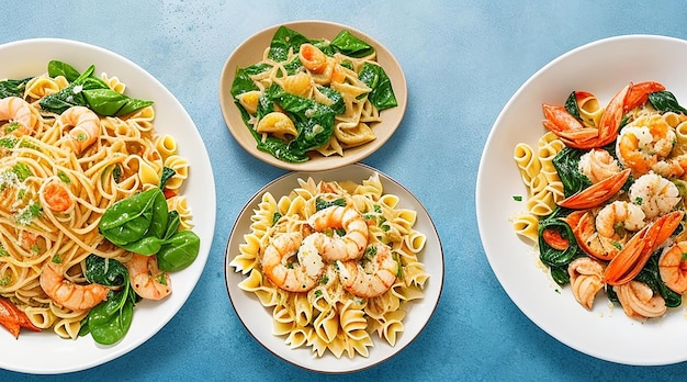 Espagueti de pasta con salsa de camarones servido en un plato sobre un fondo de azulejos blancos