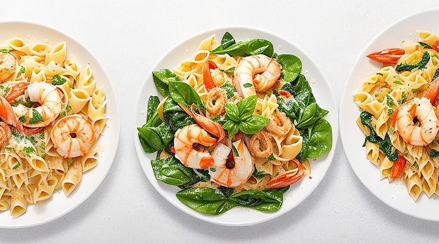 Espagueti de pasta con salsa de camarones servido en un plato sobre un fondo de azulejos blancos