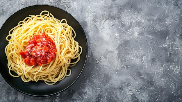 Foto espagueti de pasta con salsa de tomate en un cuenco negro sobre un fondo gris