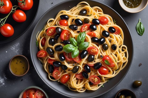 Espagueti plato de pasta italiano con tomates aceitunas negras alcaparras anchoas vista superior IA generativa
