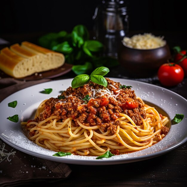 Espagueti con salsa bolognese en un plato blanco