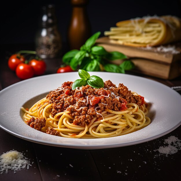 Espagueti con salsa bolognese en un plato blanco