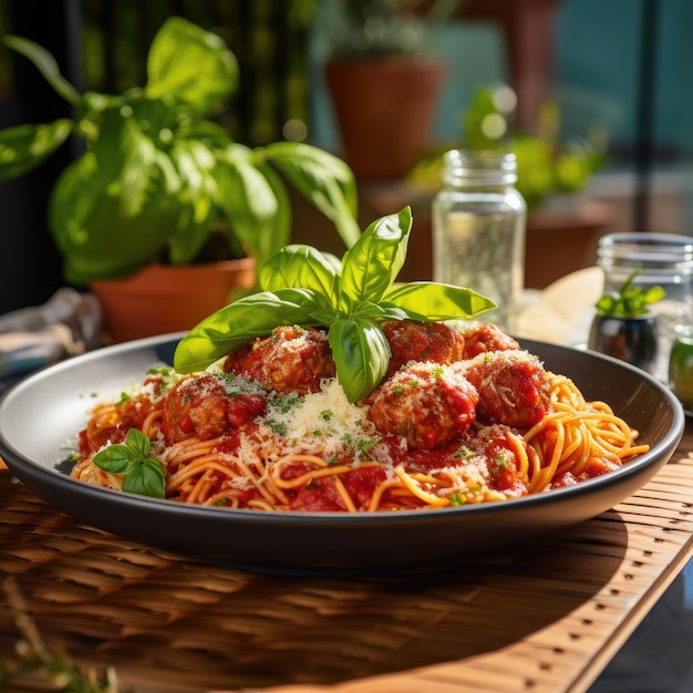 Espagueti con salsa de marinara, albóndigas con hojas de albahaca y queso parmesano rallado.