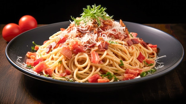 Espagueti con salsa de tomate y parmesán en un plato blanco