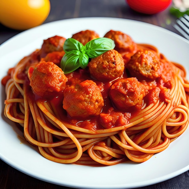 Espaguetis con albóndigas y salsa de tomate en plato sobre mesa de madera