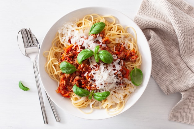 Espaguetis a la boloñesa con albahaca y parmesano, pasta italiana