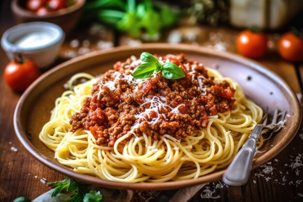espaguetis a la boloñesa en la mesa de la cocina publicidad profesional fotografía de alimentos