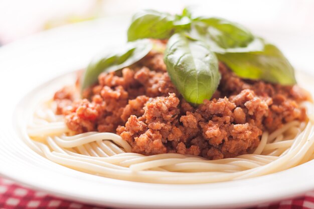 Espaguetis a la boloñesa en un plato y albahaca