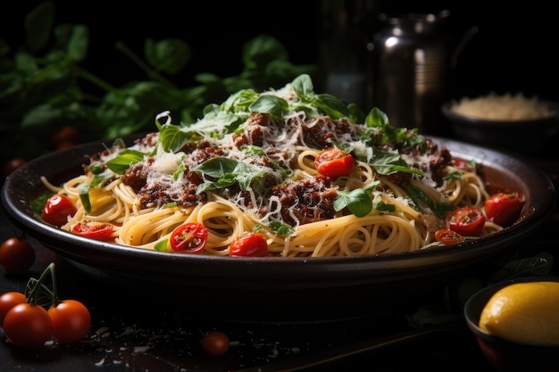 espaguetis a la boloñesa con queso parmesano y tomates fotografía de comida publicitaria profesional