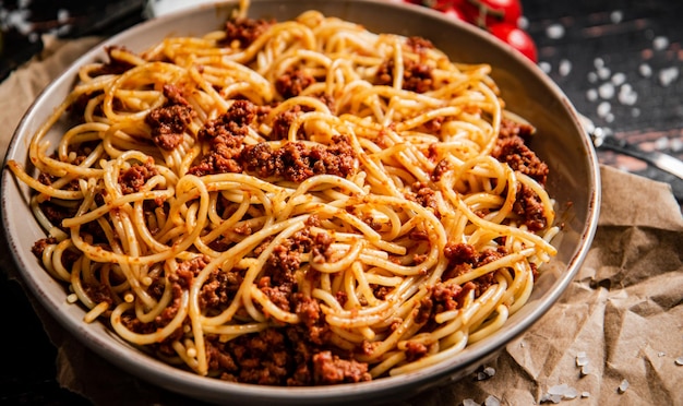 Espaguetis caseros a la boloñesa en un plato sobre la mesa