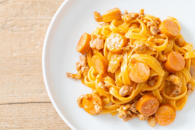 Espaguetis caseros con salchicha de pasta y carne de cerdo picada