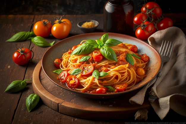 Espaguetis caseros con tomate y albahaca sobre mesa generativa ai