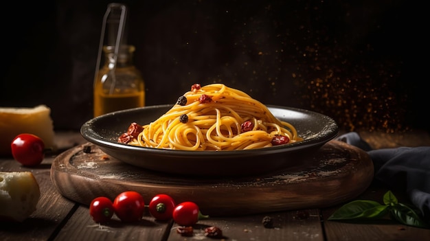 Espaguetis con chile y aceite de oliva sobre fondo de madera