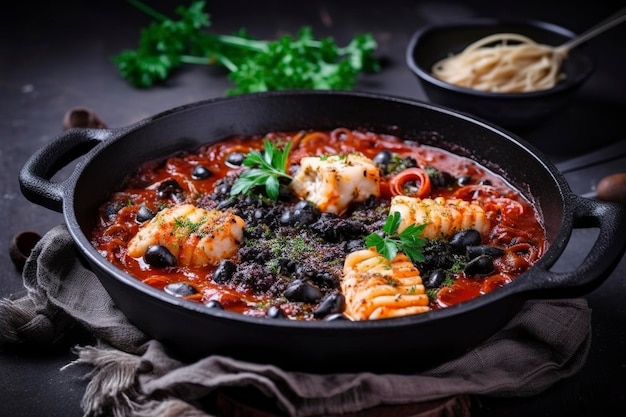 Espaguetis italianos tradicionales al nero di seppia con tinta de calamar en salsa de tomate servidos como primer plano en una sartén de hierro fundido sobre una tabla de madera generar ai