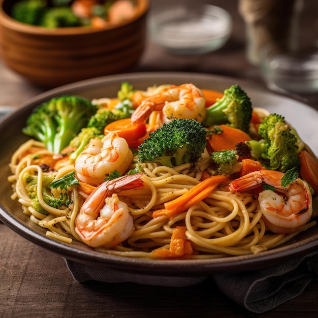 Espaguetis de pasta con gambas sobre la mesa IA generativa