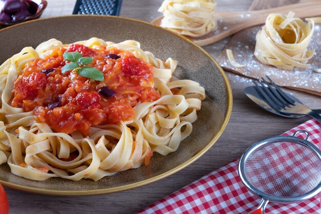 Espaguetis de pasta tradicional tagliatelle sobre la mesa.