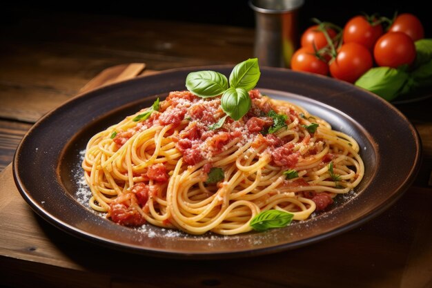 Espaguetis y salsa amatriciana sobre mesa de madera