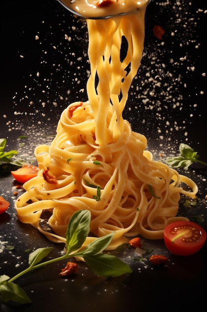 Espaguetis con salsa de tomate y albahaca sobre fondo negro