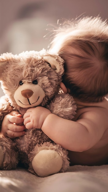 Foto la espalda de un bebé con un oso de peluche