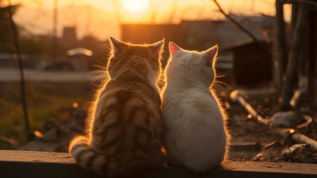 la espalda de dos gatitos mirando el atardecer