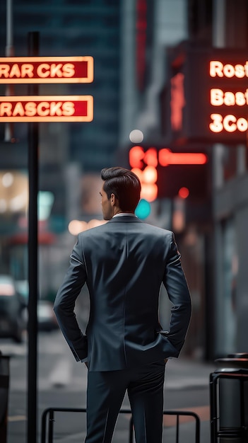 La espalda de un hombre de negocios mira a la ciudad.