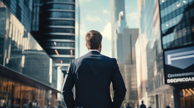 La espalda de un hombre de negocios mira a la ciudad.